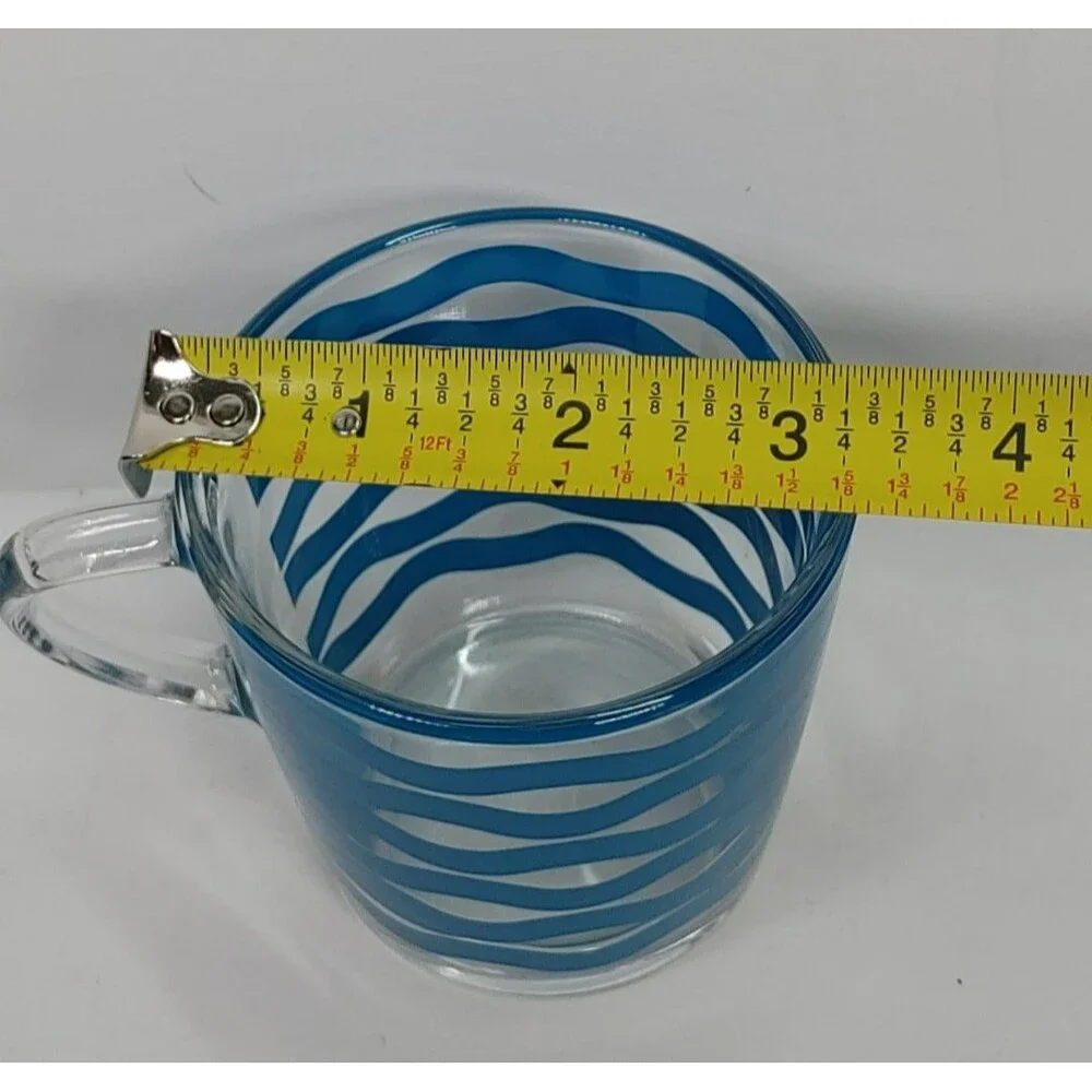 IKEA Satsning Glass Mugs/Cups Set- 6 Retired Blue Waves Stripes 3.5